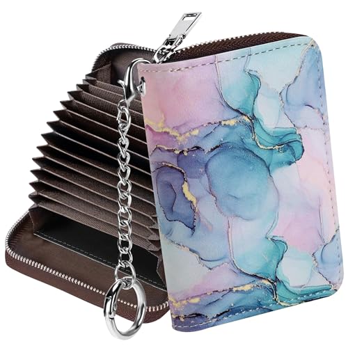 Mayski Credit Card Holder, Zipper Credit Card Wallet for Women, Small Accordion Card Cases Holder, KeyChain Wallet, Business Card Holder, Pink Marble