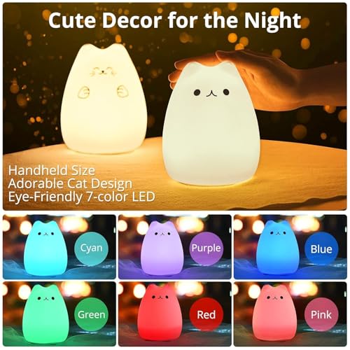Image of Desidiya Cute Kitty Night Light for Kids, Rechargeable Silicone LED Lamp with Warm White & 7-Color Modes | Tap Control | Soft BPA-Free | Gift for Girls | Baby Toddler Bedroom Decor
