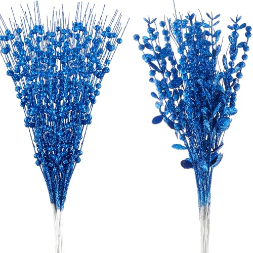 CristBest 24-Pack Christmas Tree Picks Ornaments, Artificial Glitter Berry Stem Glittery Twigs Ornaments for Christmas Tree Decorations, Small Vase, Holiday, Wedding, Party Decorations (Blue) - image 1