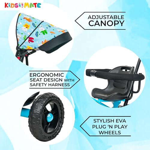 Kidsmate Deluxe 4-in-1 Tricycle for Kids with Adjustable Canopy | Durable Plug & Play Baby Trike with Safety Rail & Push Handle for Parents | Safe & Comfortable Ride for Toddlers 12-48 Months - Blue - Image 6