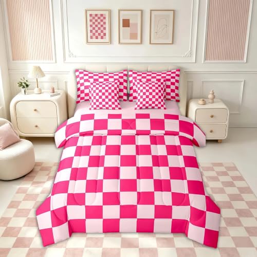 Image of Feelyou Checkered 7 Piece Bedding Set Teen Women Boho Modern Cute Aesthetic Decorative Girly Comforter Set with Sheets Full Size Kids Boys Geometric Chic Bed in a Bag Pink White Plaid Room Decor