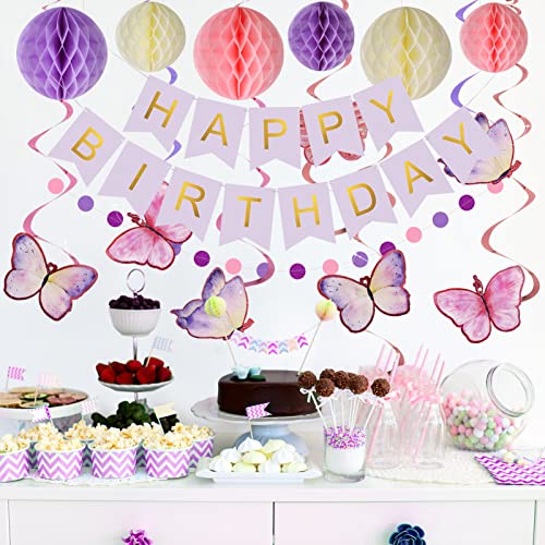 meowtastic Birthday Decorations, Happy Birthday Banner with Honeycomb Balls, Butterfly Hanging Swirl Streamers, Circle Dots Garland, Happy Birthday Party Decorations for Women Men Boys Girls (Purple) - Image 3