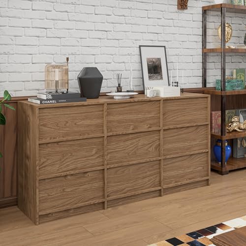 Bobve 63\" W 9 Walnut Drawer Dressers, Large Dresser Organizer for Bedroom, Wooden Long Dressers & Storage Chests of Drawers, Modern Wide Dresser