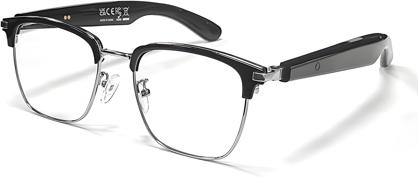 Premium Smart Bluetooth Glasses with HD Calls, Voice Assistant, Wireless Audio Eyewear, Rectangular Shape, Plastic Frame, One Size, Modern Style (Black)