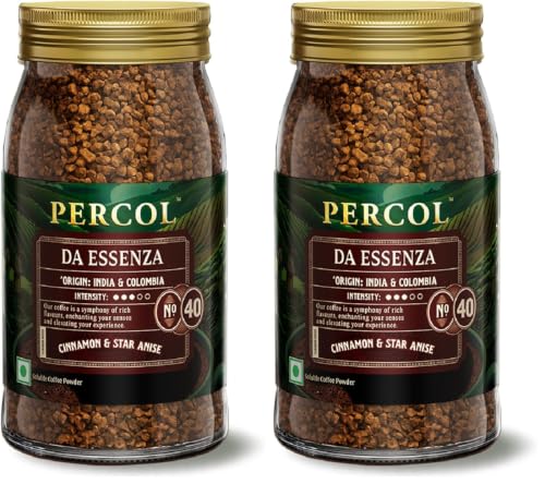 Image of PERCOL Premium Instant Coffee | Da Essenza Blend 40 | Crafted with Premium Imported Beans | Freeze Dried | Designed in UK | 100g Jar | 100% Pure Coffee | Flavorful & Aromatic Coffee (Pack of 2)