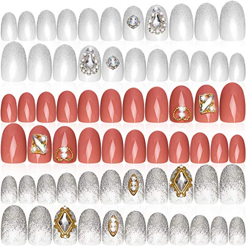72 Pieces 3 Boxes False Nails Short Oval Press on Nails with Rhinestones Artificial Nail Tips Glossy Short Fake Nails Full Cover False Nails for DIY Nail Art Salon (Novel Pattern)