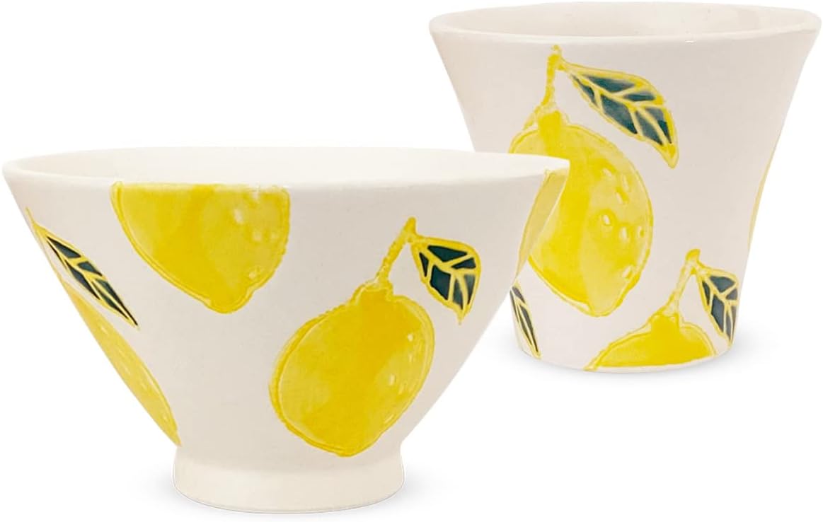 J-kitchens 181037 Kobosho Sho~ Anti Rice Bowl + Shinko Cup Set, Lemon Fresh Art, Hasami Ware Made in Japan