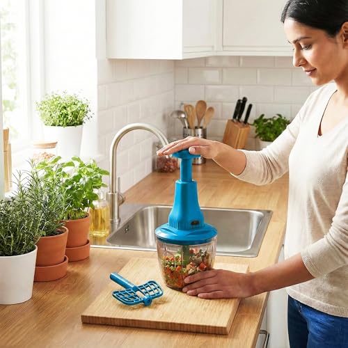 Image of Chopper for Kitchen Use | 1100 ml RoundPush Chopper with 5 Blades and Whisker| Chopping Vegetables & Fruits, Onion, Ginger, Garlic, Salad, Tomato, Potato (Blue)