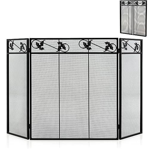 GiantexUK 3-Panel Folding Fire Guard, Metal Mesh Fireplace Screen, Heavy Duty Freestanding Spark Guard Safety Barrier for Child Baby Pet Open Fire (Leaf Pattern, 127 x 76cm)