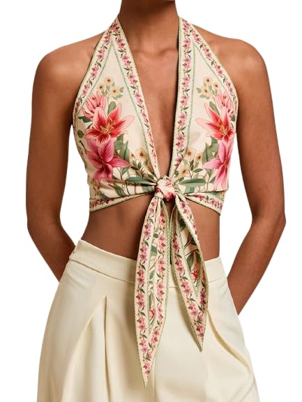 SOLY HUX Women's Floral Print Tie Front Deep V Neck Halter Crop Tops Retro Vacation Summer Vest