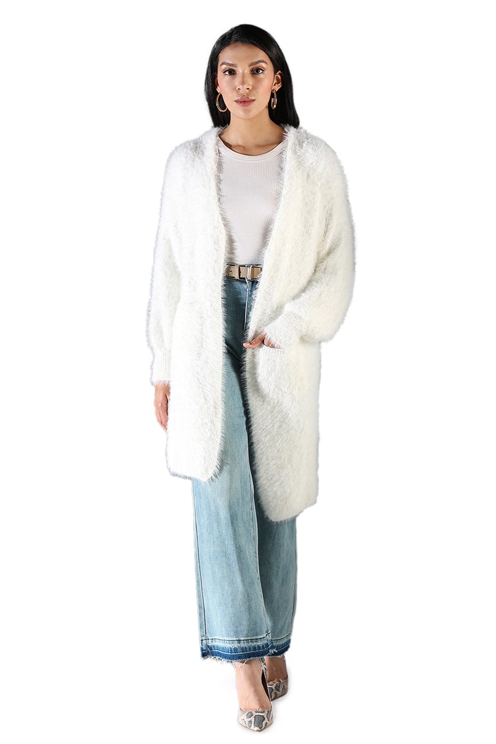 showoffff Edition Women's Fuzzy White Open Front Long Shrug-CHN-955_White-P-picture-10