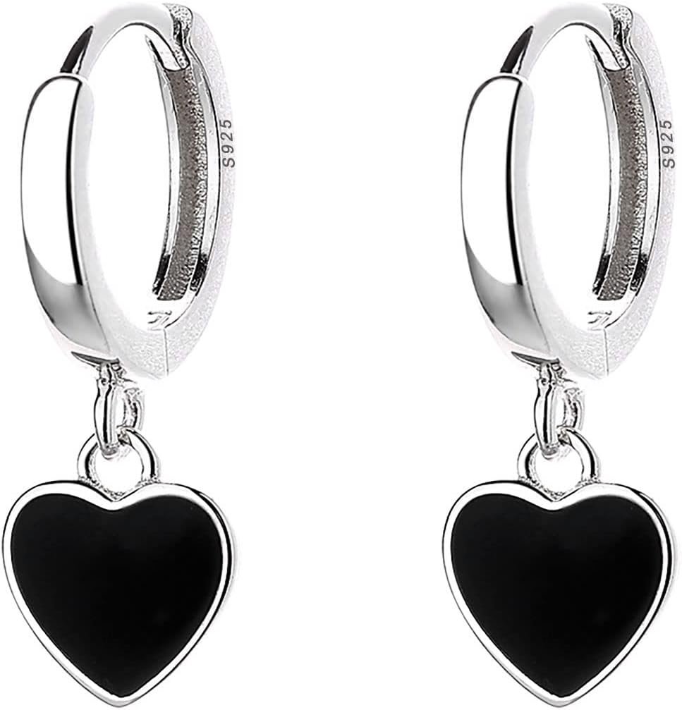 SLUYNZ Sterling Silver Black Heart Hoop Earrings for Women Teens Love Heart Hoop Earrings Huggie