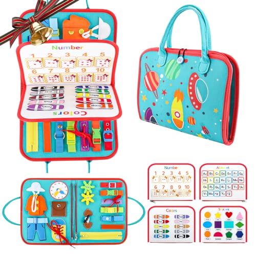 Image of FASTSPOK Busy Board for 1 2 3 4 Year Old, Toddler Travel Toys for Car Plane, Montessori Sensory Toys for Toddlers 1-3, Educational Learning Activities Board for Fine Motor Skills, Gift for Boys Girls