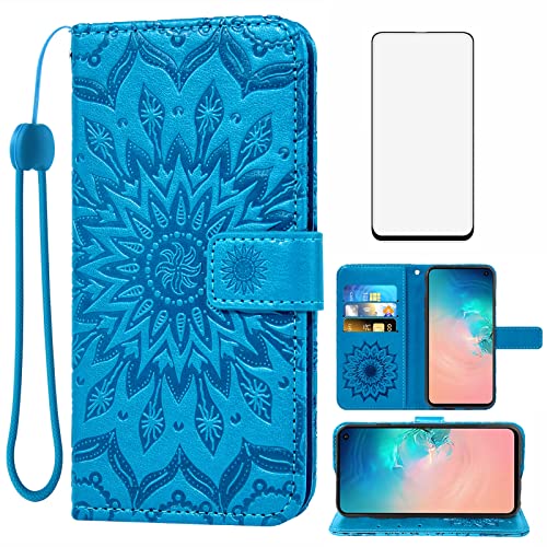 Phone Case For Samsung Galaxy S10E Wallet With Tempered Glass Screen Protector Leather Magnetic Flip Cover Card Holder Stand Cell Accessories Glaxay S 10E Gaxaly 10Se Galaxies Se10 Women Men Blue #TOP1
