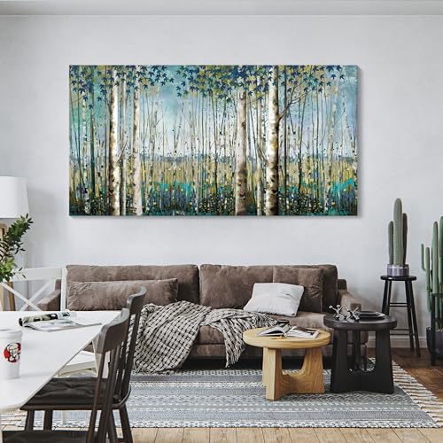 Image of Pogusmavi Large Framed Birch Tree Canvas Wall Art Nature Painting for Home Decor | Teal Artwork for Living Room, Bedroom, and Office Pictures for Living Room 24x48IN