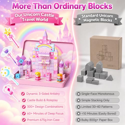 hunloot Unicorn Magnetic Cubes for Travel: 100 PCS Castle Princess Playset with Tin Storage Case - Strong Building Toy Blocks for Girls Toddlers Ages 3-8 - Car Airplane Activity Game - Image 4