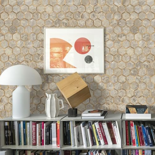 STICKGOO Hexagon Peel and Stick Backsplash Tile, Stick on Backsplash for Kitchen and Bathroom, Stone Beige PVC Mixed Metal Gold Self Adhesive Wall Tiles(10 Sheets, Seamless) by STICKGOO - Used condition - Image 5