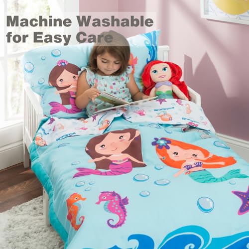 EVERYDAY KIDS 4 Piece Toddler Bedding Set -Undersea Mermaids Adventure- Includes Comforter, Flat Sheet, Fitted Sheet and Reversible Pillowcase