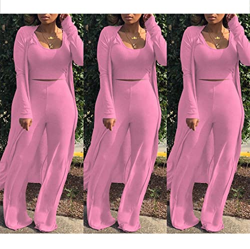 Image of Women's 2 Piece Outfits Set Ribbed Short Sleeve Casual Crop Top Wide Leg Pants Suit Set