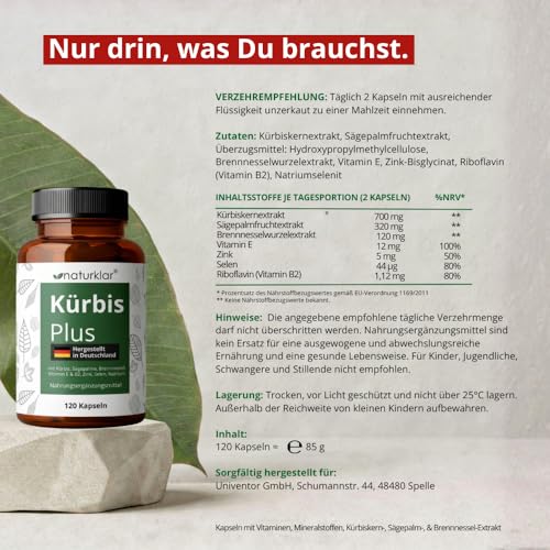 Sägepalmenextrakt & Kürbiskernextrakt - 8 Fach Kombi mit Brennnesselextrakt, Vitamin E, Zink, Selen & Natrium - Vegan - 120 Kürbiskern-Kapseln hochdosiert Naturklar