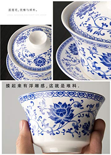 Image of Liang baobao Traditional Gaiwan Tea Set with Lid and Saucer Blue Lotus Design Tea Cup Flower Porcelain Teacups 10oz