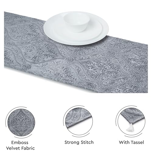 Image of Encasa XO 4 to 6 Seater Dining Embossed Velvet Table Runner | Size 32x183 cm | Grey Color with Premium Polyester - Machine Washable