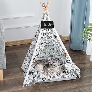 Qpets® Cat House Cat Beds for Indoor Cats Puppy Bed Dog House Dog Bed Tent Pet Bed Print Pet Teepee with Cushion Pillow, Assemble Tent Bed for Kitten, Cat, Dog, All Season Use