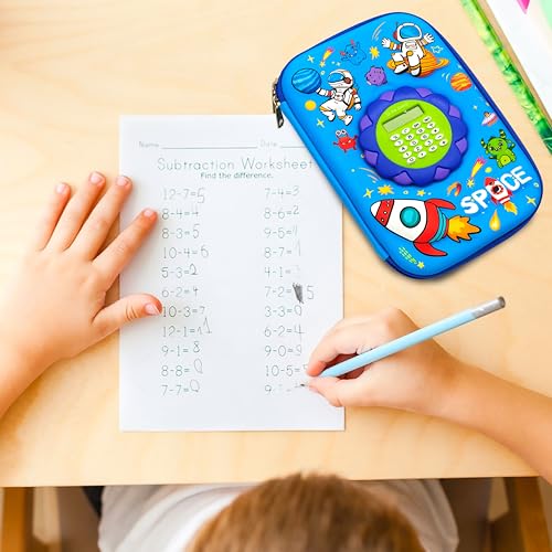 Image of VGRASSP Space Theme Stationery Pencil Case for Kids with Mini Calculator - 3D EVA Zipper Pouch with Multi Storage Compartments - Fun School Stationery Organizer - Multicolor