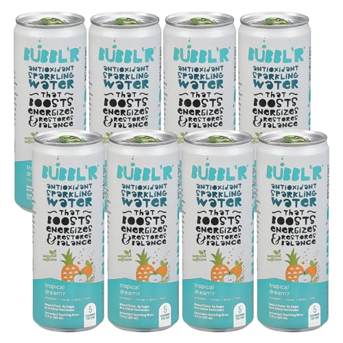New Bubblr Antioxidant Sparkling Water, Tropical Dream'r - With Natural Caffeine, 0g Sugar, Gluten Free, All Natural Flavors, 12 Fl Oz Cans (8 Pack)