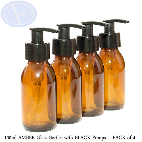 100 ml botellas de cristal ámbar con negro bombas  Pack de 4
