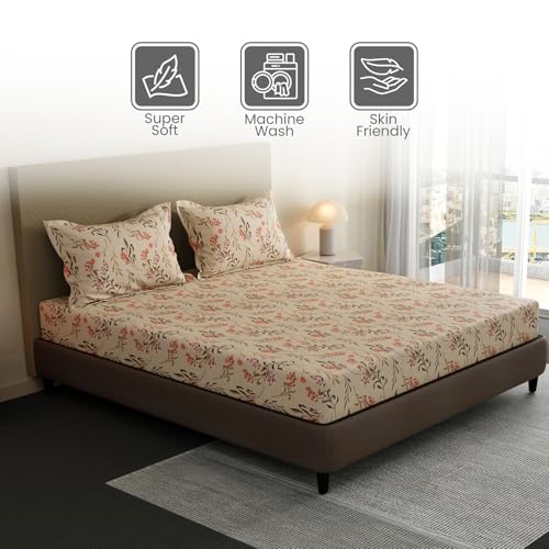 Image of Layers 100% Cotton Fitted Sheet for King Size Bed | Lumina Floret Collection | 144 TC Soft & Breathable | Floral Print with 2 Pillow Covers | Wrinkle Free & Colorfast | 3 Pc Bedding Set - Beige