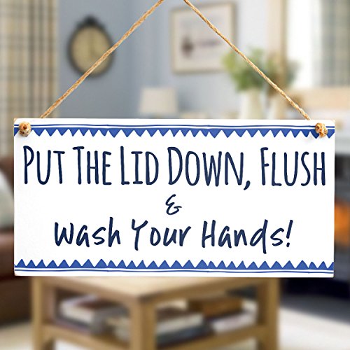 Put The Lid Down, Flush & Wash Your Hands! - Stylish Bathroom Rules/Toilet Rules Door Sign Blue Border