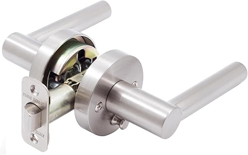 Miniatura 3 de Stone Harbor Hardware Zurich - Manija de puerta con roseta redonda, pestillo de privacidad (camabañera), níquel satinado