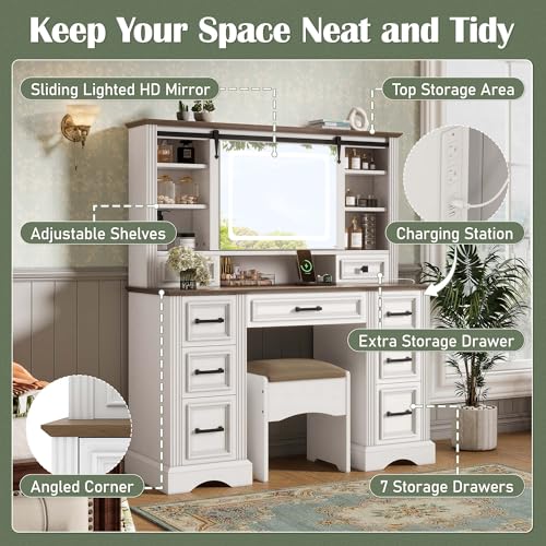 Image of JIVOIT Farmhouse Makeup Vanity Desk with Sliding Mirror and Storage, 47.2 inch Large Vanity Set with Storage Stool, Dressing Table with 9 Drawers, Easy Assembly