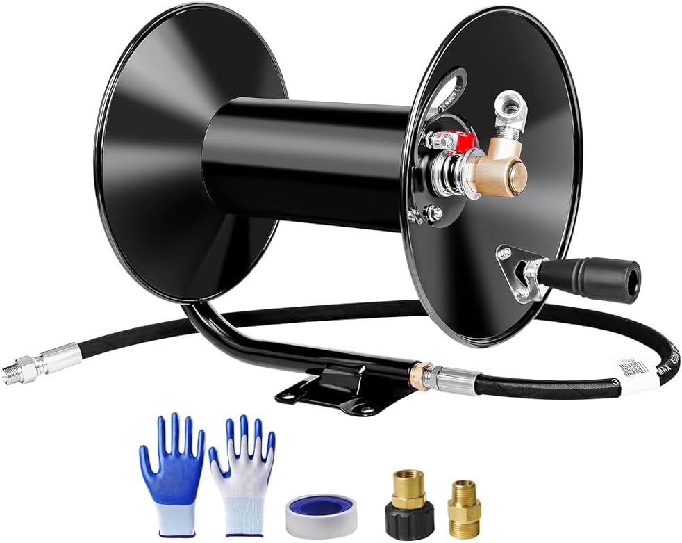 MEKOH Pressure Washer Hose Reel 100ftx3/8”/130ftx1/4”, 4000PSI Heavy Duty Power Washer Hose Reel with M22-14 Fitting, Hand Crank Metal Reel with Wall/Trailer/Van Mount, Manual Hose Reel for Water