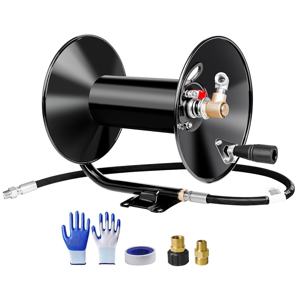 MEKOH 100ftx3/8”/130ftx1/4” Heavy Duty Metal Pressure Washer Hose Reel with M22-14 Fitting, Black, Wall/Trailer/Van Mount, Manual Hose Reel for Water, 4000PSI