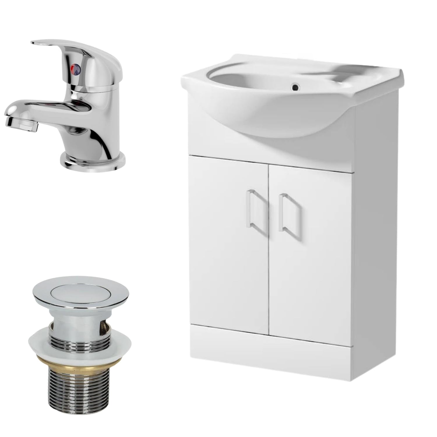 Affine® 560mm Bathroom Vanity Unit Ceramic Sink Floorstanding Storage Cabinet Cupboard & Essentials Basin Tap & Waste Set, White Gloss