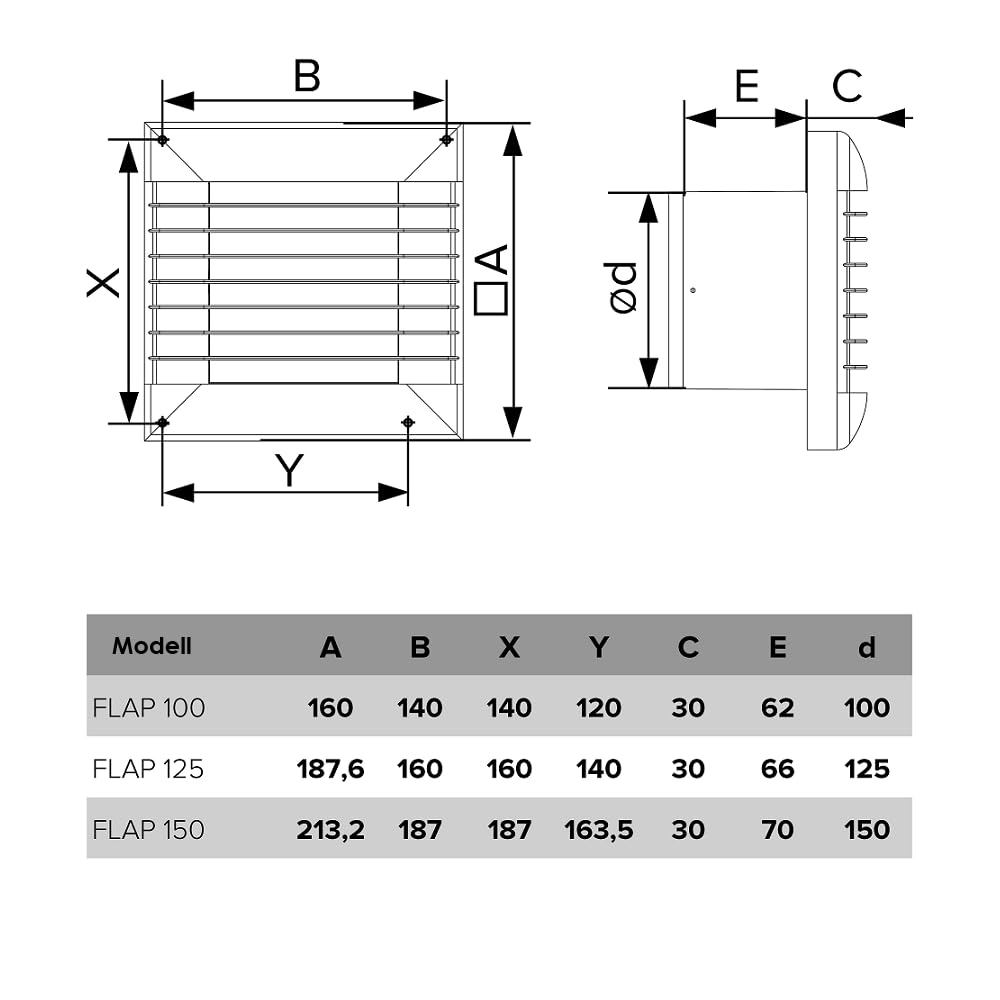 Vlano FLAP 100/125 TH Badlüfter mit Feuchteregelung, Nachlauf, Automatische Jalousien, 85/130 m³/h, Abluftlüfter, Wandventilator, Hygro, Timer, 100mm, 125mm, Weiß (100 mm)