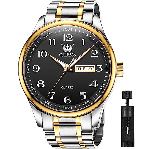 OLEVS Watches for Men Brown Leather Gold Case Analog Quartz Fashion Business Dress Watch Day Date Luminous Waterproof Casual Male Wrist Watches