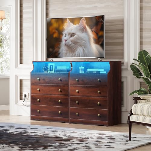 WLIVE LED Dresser for Bedroom, Tall Wood Dresser with 4 Drawers and Open Shelf, Chest of Drawers with Charging Station and LED Lights for Living Room, Hallway, Closet, Rustic Brown