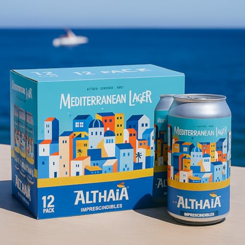 Althaia Mediterranean Lager - Cerveza Artesanal Rubia - 5% Alc - Lata 33cl - 100% Natural y Mediterránea (Pack 12)