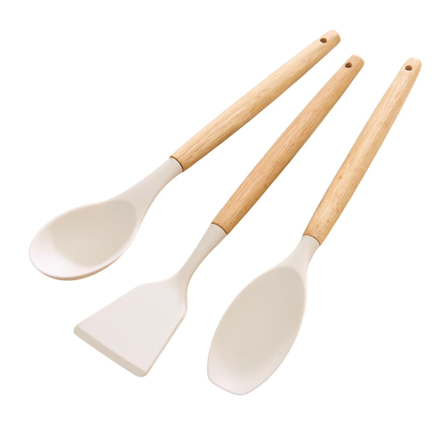 3 PAGEN® Silikon Küchenutensilien-Set mit Buchenholzgriffen – 3-teiliges Küchenhelfer Set weiß – Kochutensilien Kochlöffel Set – Küchenzubehör zum Kochen – Pflegeleicht, hochwertig & praktisch