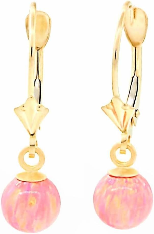 Trustmark 14K Yellow Gold 6mm Pink Angel Skin Created Opal Ball Lever Back Earrings, Elana