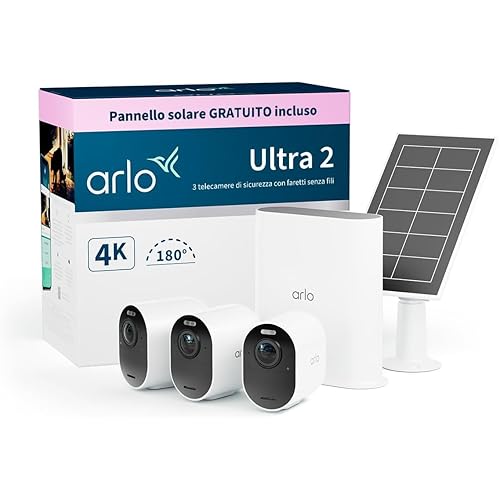 Arlo Ultra 2 Telecamera WiFi Esterno Senza Fili + Pannello Solare, Telecamera WiFi Interno, 4K UHD, Sensore Di Movimento, Audio Bidirezionale, Prova Arlo Secure Inclusa, 3 Telecamere, Bianche