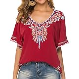 Seasonal Damen Sommer Bluse Mexiko Stickerei Tunika Boho Hippie Blusen Bohemian Kurzarm Lose Tops(XL, 075-Rot)