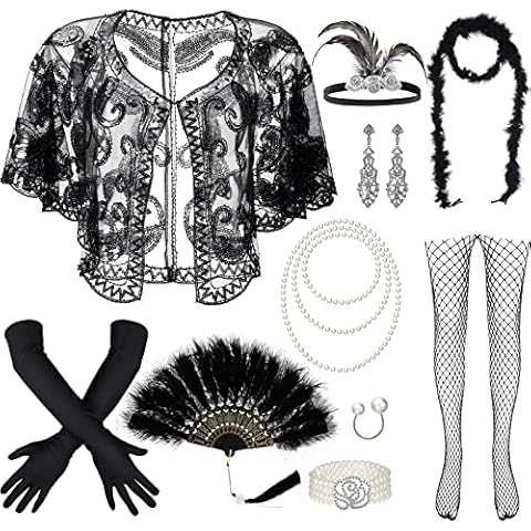 BBTO 11 Stück 1920er Flapper Zubehör Kostüm Set 20er Feder Stirnband Ohrring Halskette Umhängetuch Tanzen Handschuhe für Frau, Schwarz, Einheitsgröße Cover