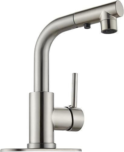 Grifos de baño con rociador desplegable Grifos de fregadero de barra de níquel cepillado, montaje en cubierta de una sola manija, grifo de cocina de