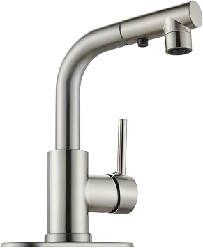 Bathroom Faucets with Pull Down Sprayer Brushed Nickel Sink Faucets Deck Mounted Single Handle 1 Hole Kitchen Faucet Three Water Flow Modes with Rotating Spout