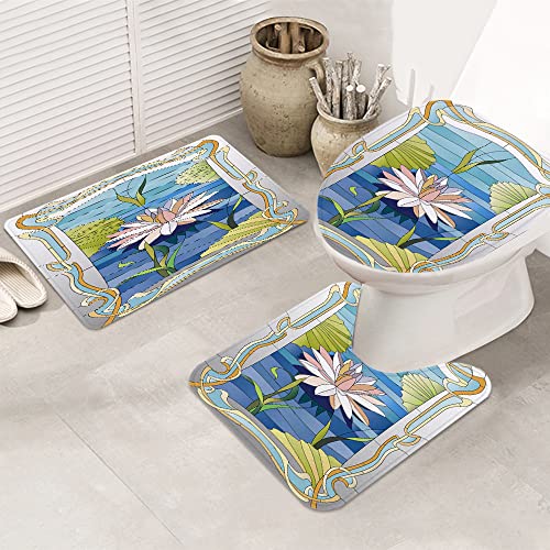 Badezimmer Set, rutschfeste Badematte und WC-Vorleger-Set, Jugendstil, Lotus auf dem stilisierten klassischen… – Bild 4