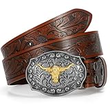 VONMELLI Western Belt Cowboy Belt for Men Women, Embossed Leather Men's Western Waist Belt for Jeans with Longhorn Bull Buckle Brown, L